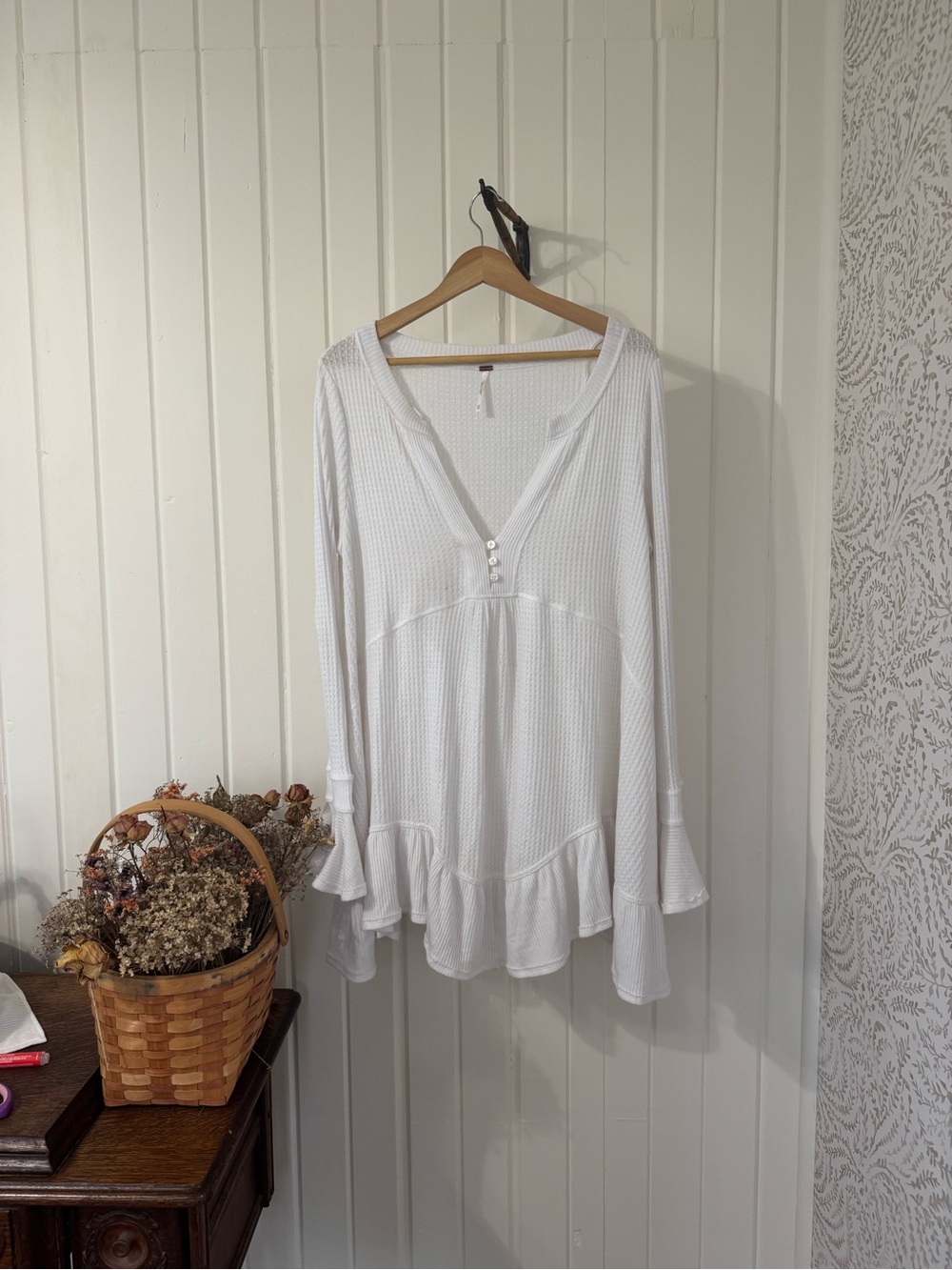 Free People White Thermal Ruffle Henley Tunic | XS